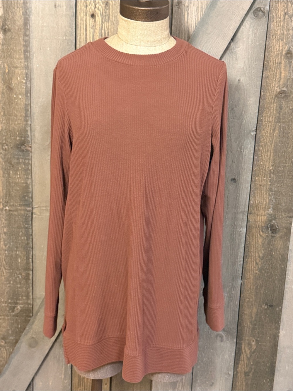 Tommy John Ribbed Crewneck Tunic Sweatshirt Medium Brown Stretch Soft Lounge Top